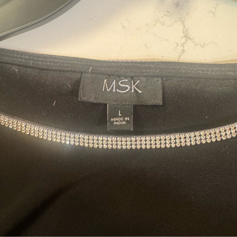 MSK Black Blouse Rhinestone Trim Bell Sleeves Size L - Picture 3 of 3